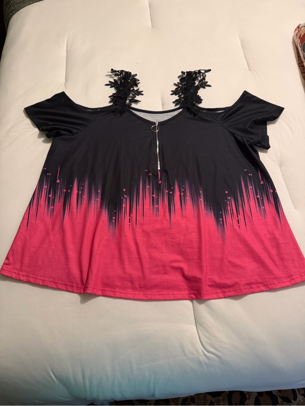 SHEIN Black to Hot Pink Ombre Cold-Shoulder Top with Lace Straps